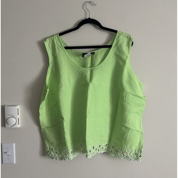 Bob Mackie LINEN Wearable Art PLUS Size 3X Lime Green Embroidered Sleeveless Top - Picture 1 of 8